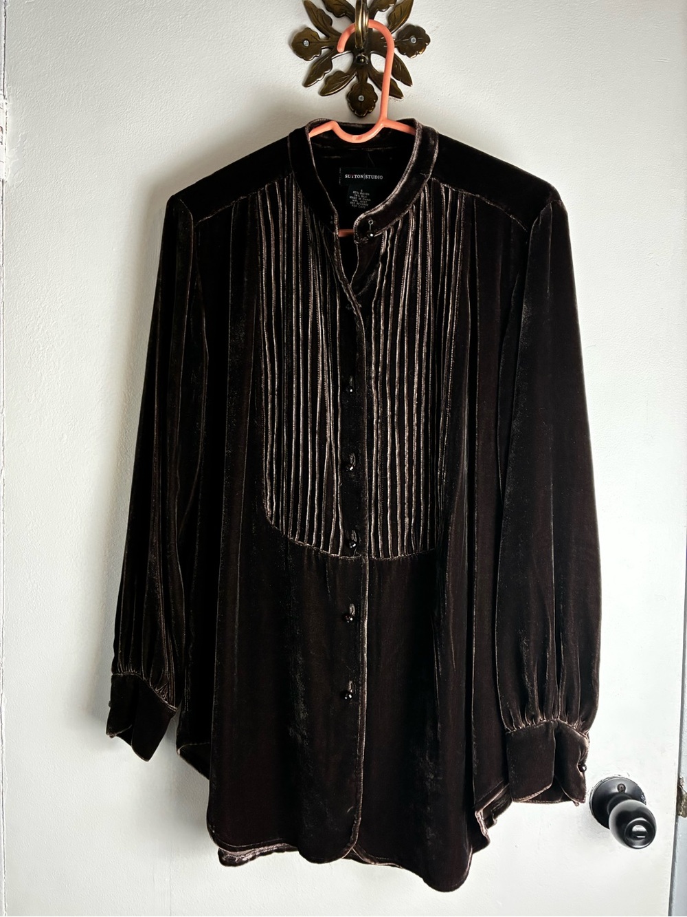 Vintage( rayon and silk )Velvet Button-Front Blouse in Dark Brown